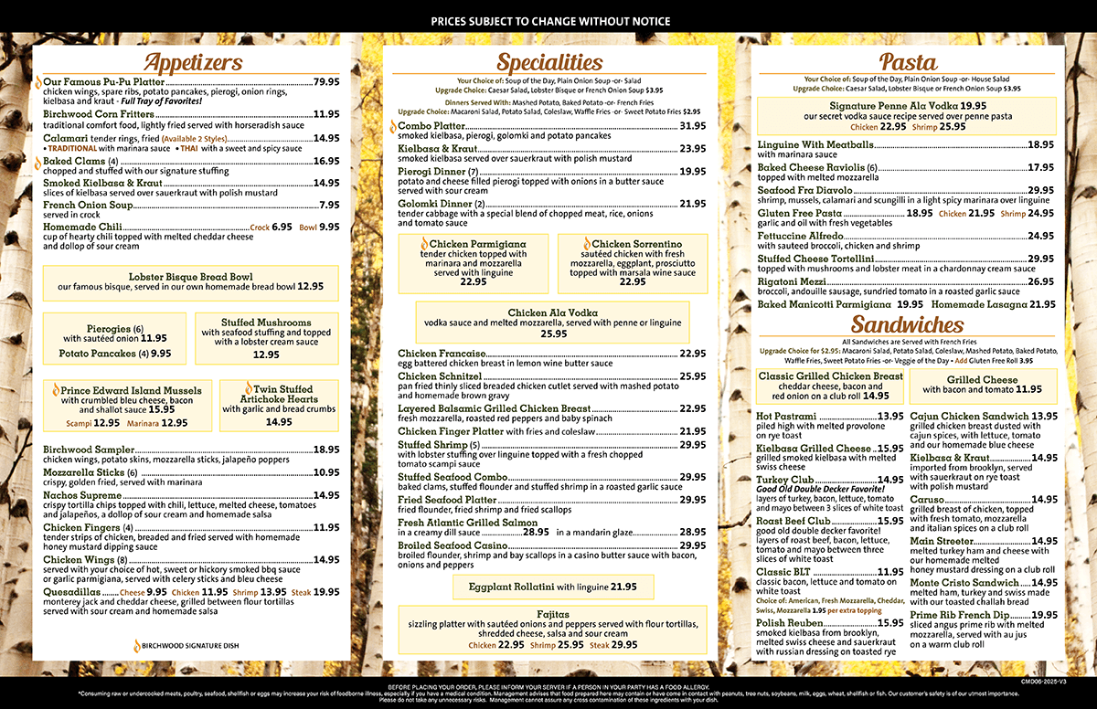 Birchwood TO Menu
